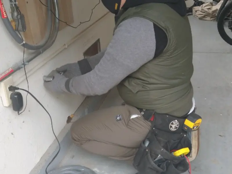 Electrician performing outlet wiring in a Vandergrift garage